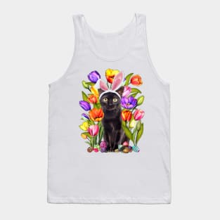 Cat Bunny Ears And Tulip Flowesr Happy Easter Day Tank Top